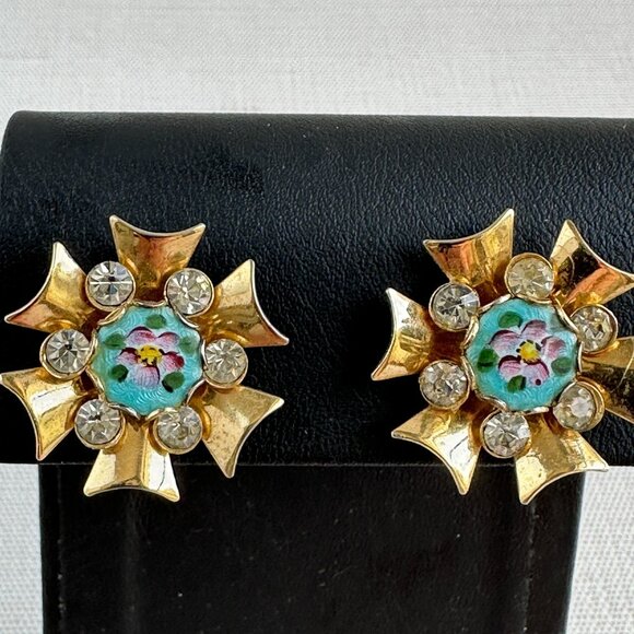 Guilloché Floral Earrings, Vintage Gold Screw-Back - Picture 3 of 7